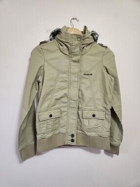 VTG Element Y2K Khaki Canvas Utility Hooded Jacket Floral Trim Skater Size S